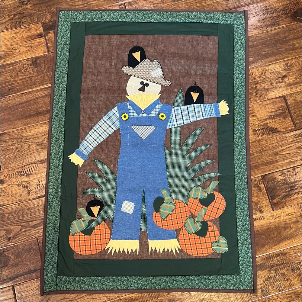 Hand Crafted Scarecrow Quilted Table Topper or Wall Hanging Green Blue Accents